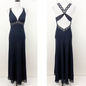 Faviana 6120 Navy Blue Beaded Open Back Evening Gown Size 8 Formal Dress Prom